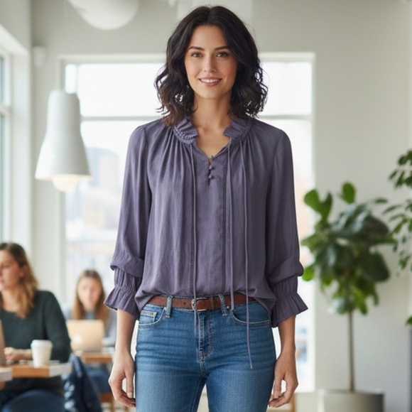 Banana Republic Tops - Banana Republic Women's Preppy Romantic Grey Ruffled V-Neck Blouse Size M